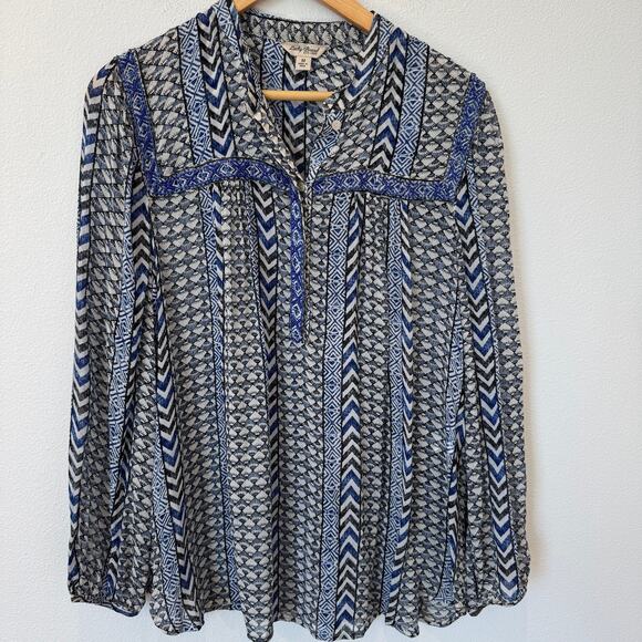 Lucky Brand Blue Geometric Print Beaded Tunic Sheer Long Sleeve Top Medium - Picture 9 of 12